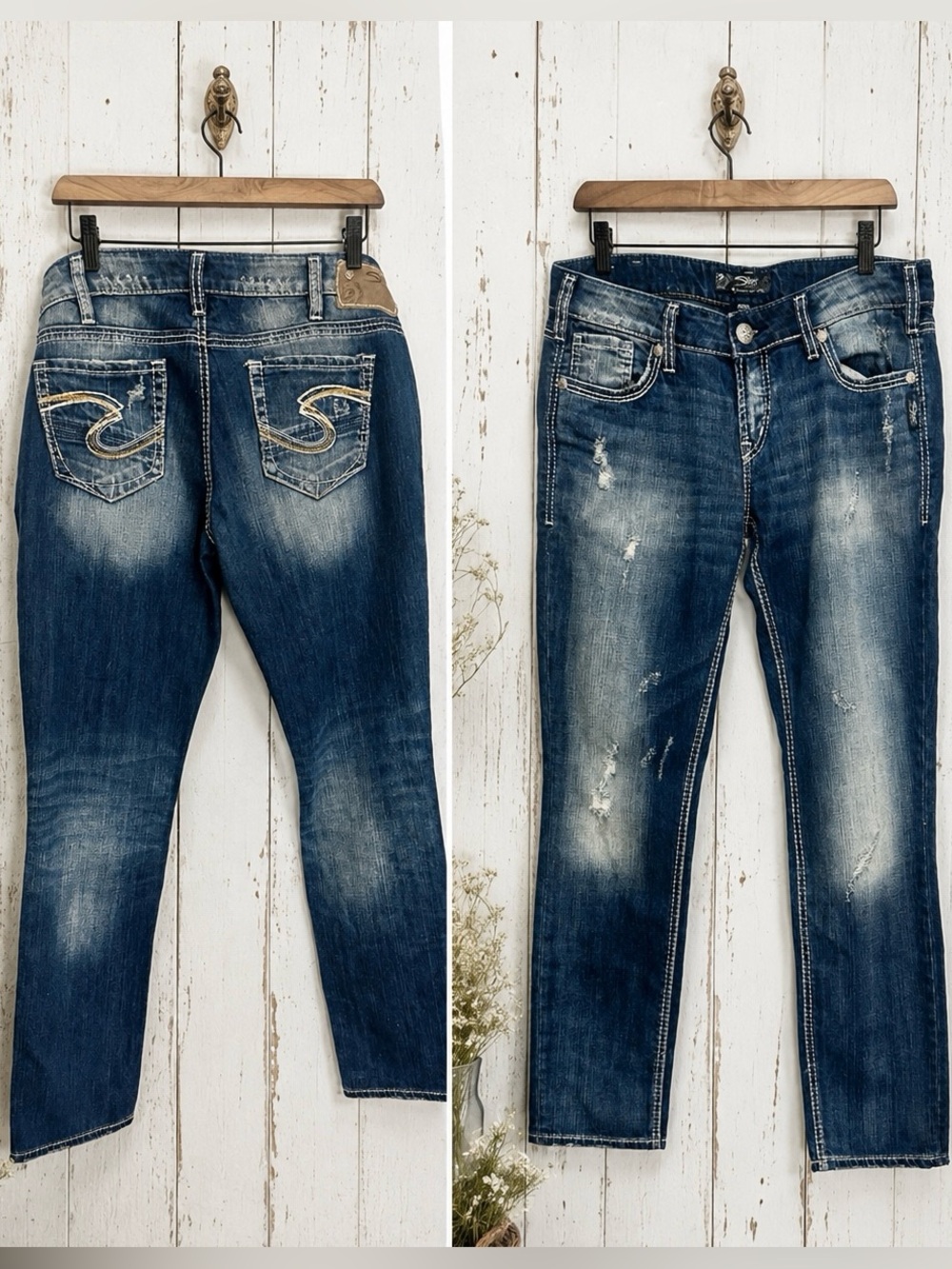 Silver Jeans Distressed Mid Blue Denim aiko 31/31” like new